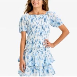 Blue Floral Puff Sleeve shirt skirt SET!